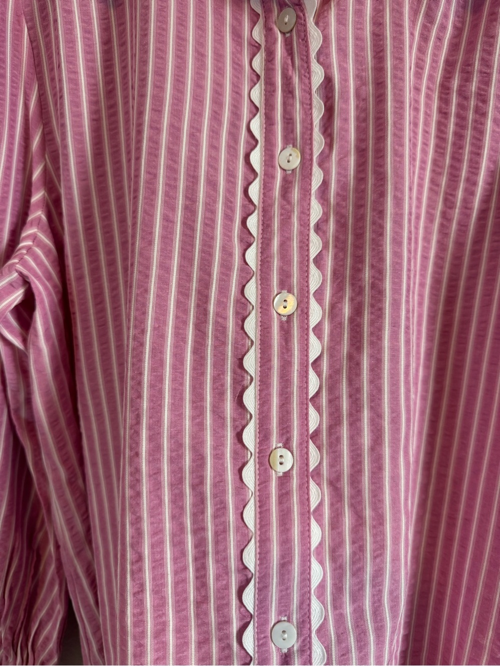 Entro Pink Striped Puff Sleeve Ric Rac Detail Grand Millenial Button Down Top S - Picture 4 of 10